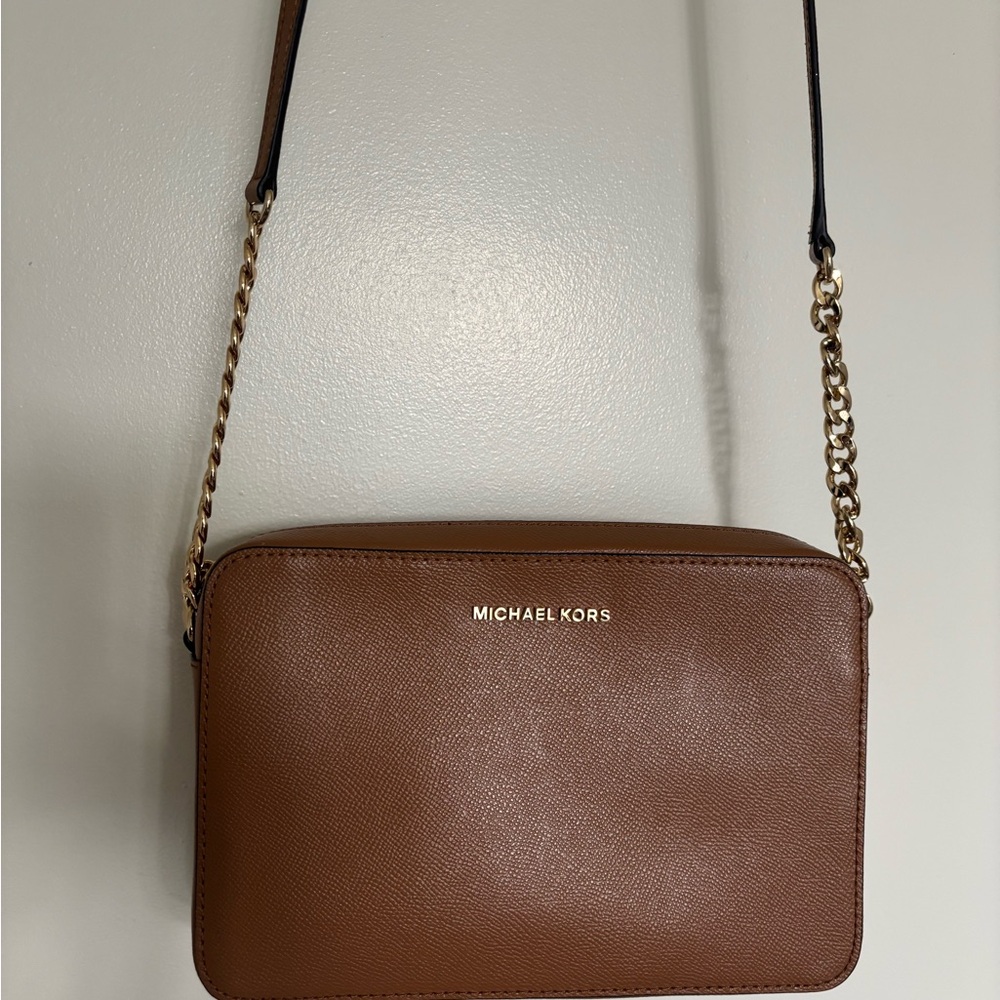 Michael Kors Brown Leather Crossbody with Gold Chain